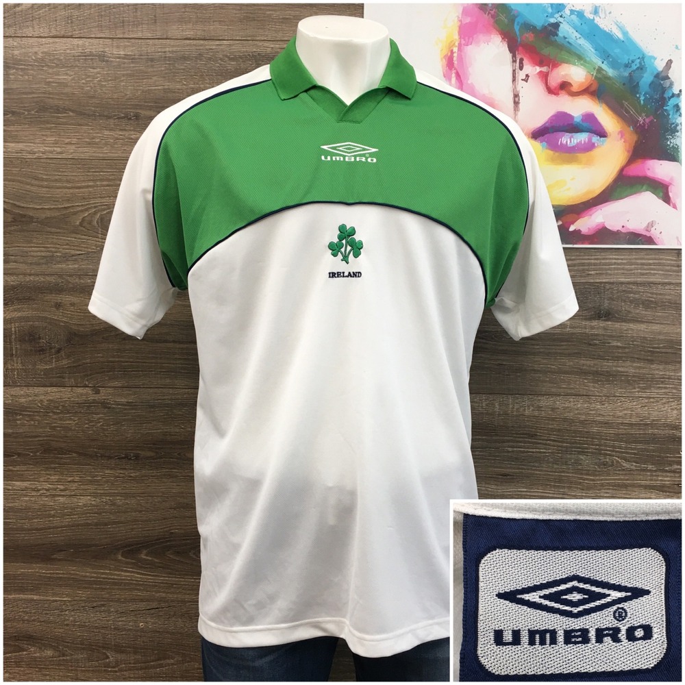 Umbro Ireland Soccer Jersey Mens XL White Green Short Sleeve Shamrock Polo Shirt